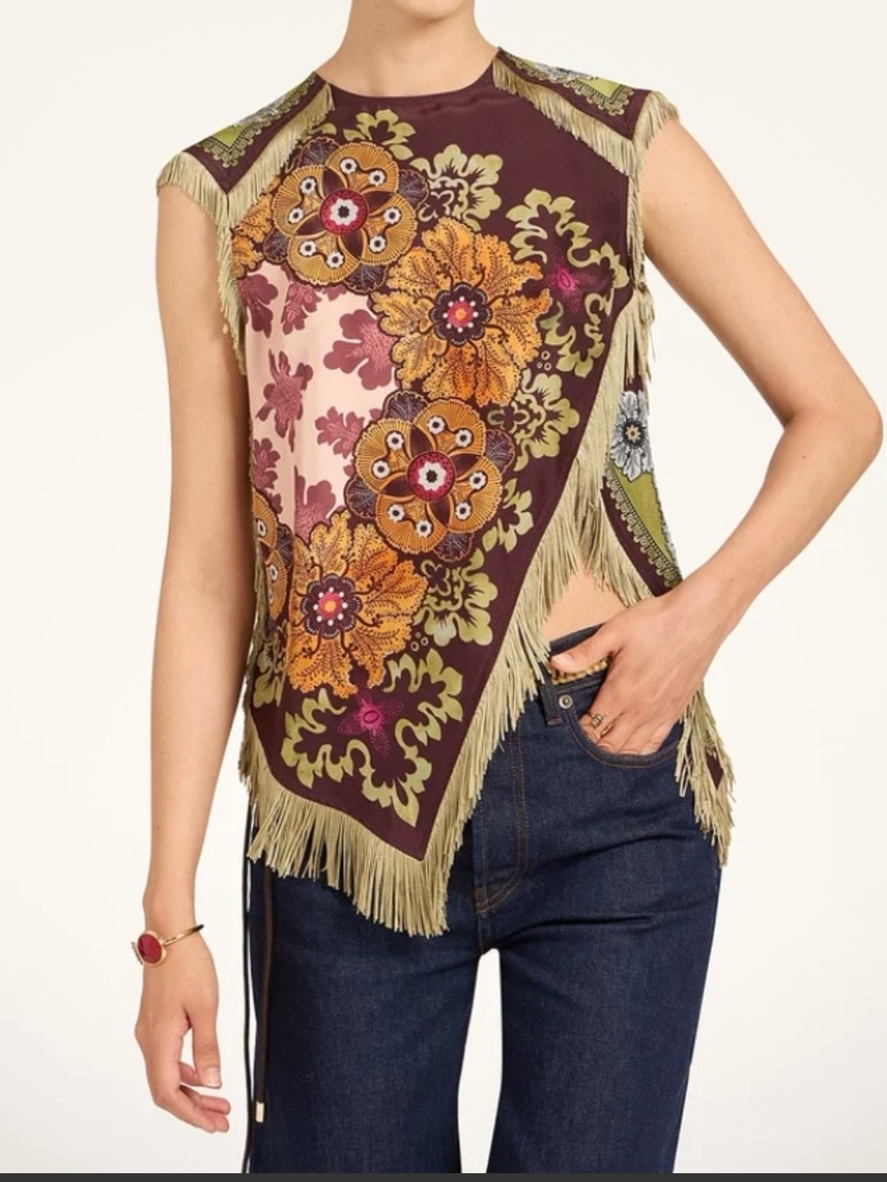 Fringed Floral sleeveless fringe detailed Top - Burgundy / orange & Olive